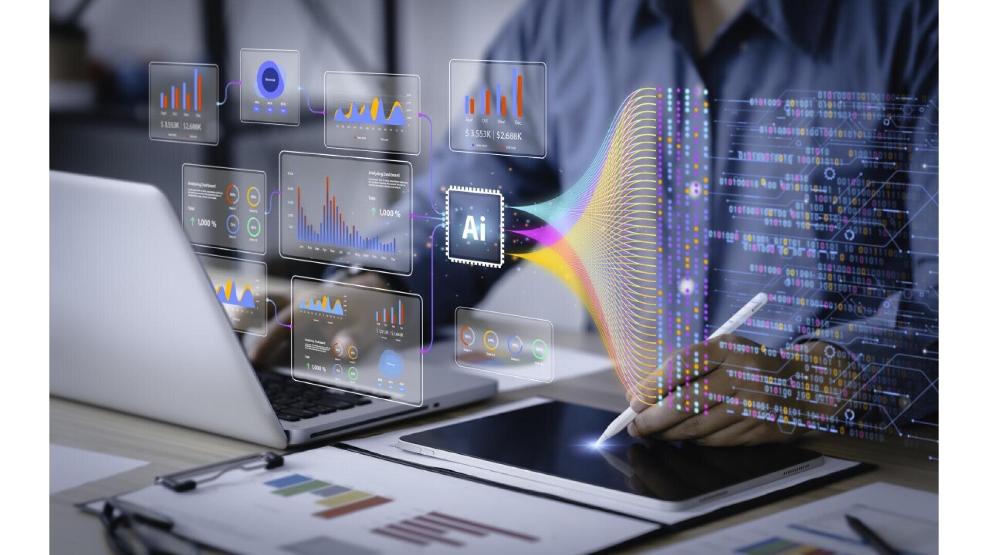 A person using a laptop and tablet at a desk, surrounded by virtual data charts and graphs, with an AI icon and neural network graphics representing artificial intelligence data analysis.