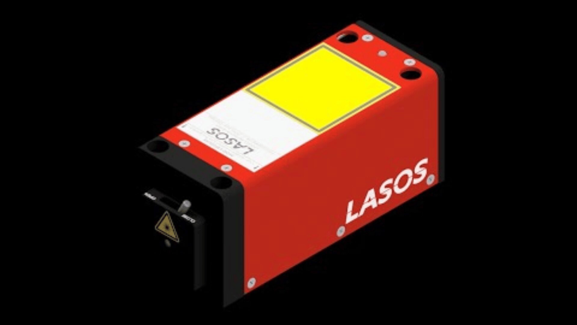 A red rectangular LASOS laser device with a yellow warning label and black detailing, set against a black background. The front features a laser warning symbol, and the word LASOS is printed on the side in white letters.