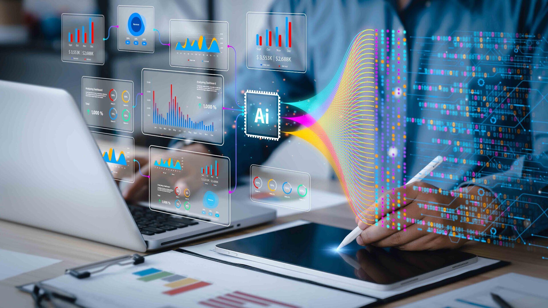 Eine Person verwendet einen Stift auf einem Tablet neben einem Laptop, auf dem digitale Grafiken von Diagrammen, Grafiken und einem KI-Chip angezeigt werden, die die Datenanalyse und die Integration künstlicher Intelligenz veranschaulichen.