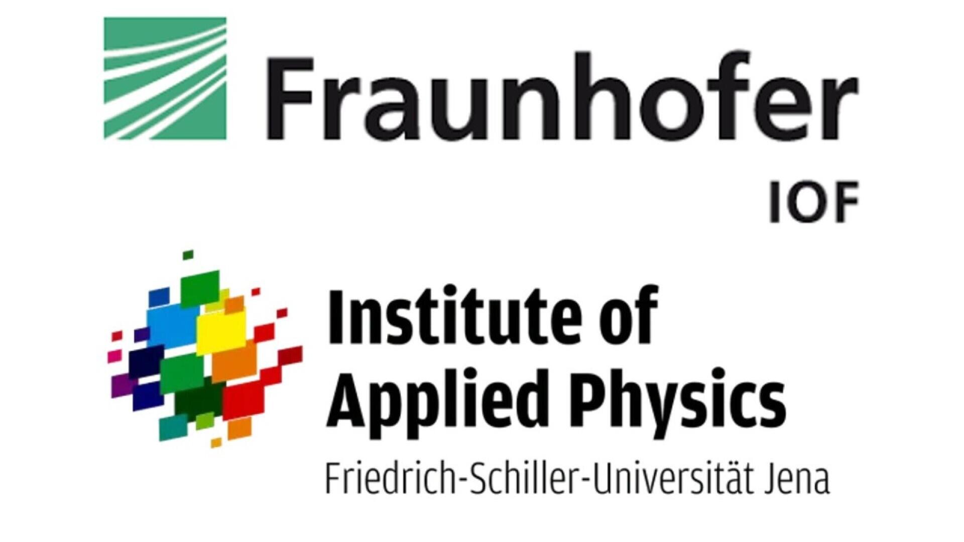 Logos of Fraunhofer IOF and the Institute of Applied Physics at Friedrich-Schiller-University Jena, with the Fraunhofer logo above and the university logo with colorful squares below.