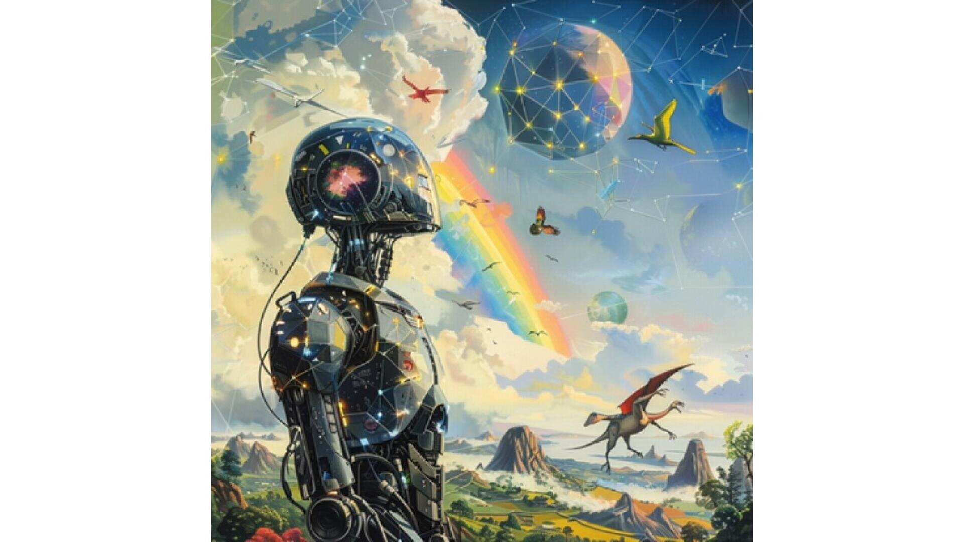 A futuristic robot gazes at a colorful sky filled with planets, a rainbow, flying dinosaurs, butterflies, and constellations, overlooking a lush prehistoric landscape with mountains and greenery.