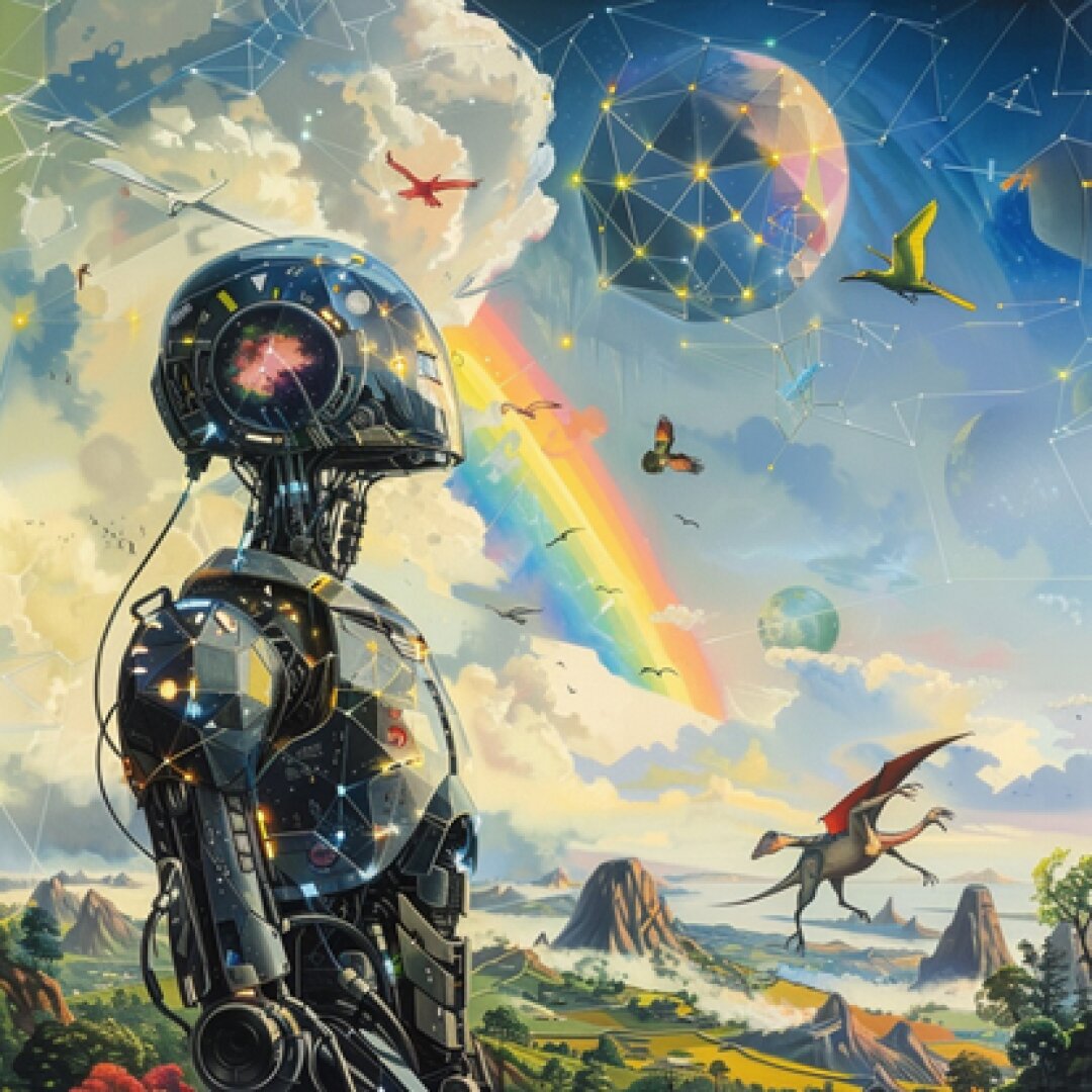Ein futuristischer Roboter steht in einer lebendigen Landschaft mit Dinosauriern, üppigen Bergen, einem Regenbogen, fliegenden Vögeln und einem sternenklaren, geometrischen Himmel mit Planeten und Sternbildern.