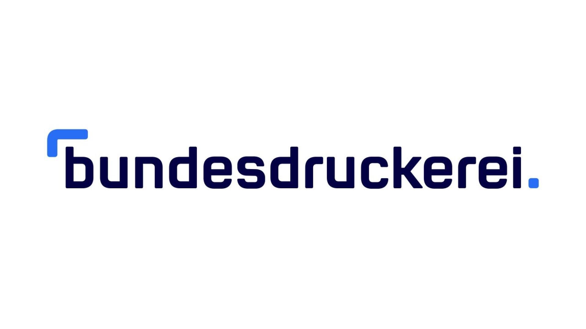 The image shows the word bundesdruckerei. written in lowercase, dark blue letters with a distinctive blue bracket-like shape above the letter b and a blue dot after the word on a white background.