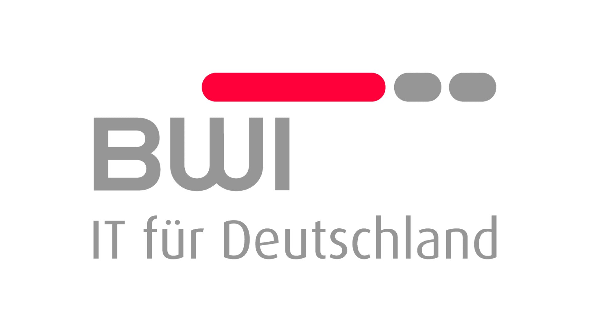 BWI-Logo mit einem roten und zwei grauen Balken über dem grauen Text BWI und IT für Deutschland auf weißem Hintergrund.