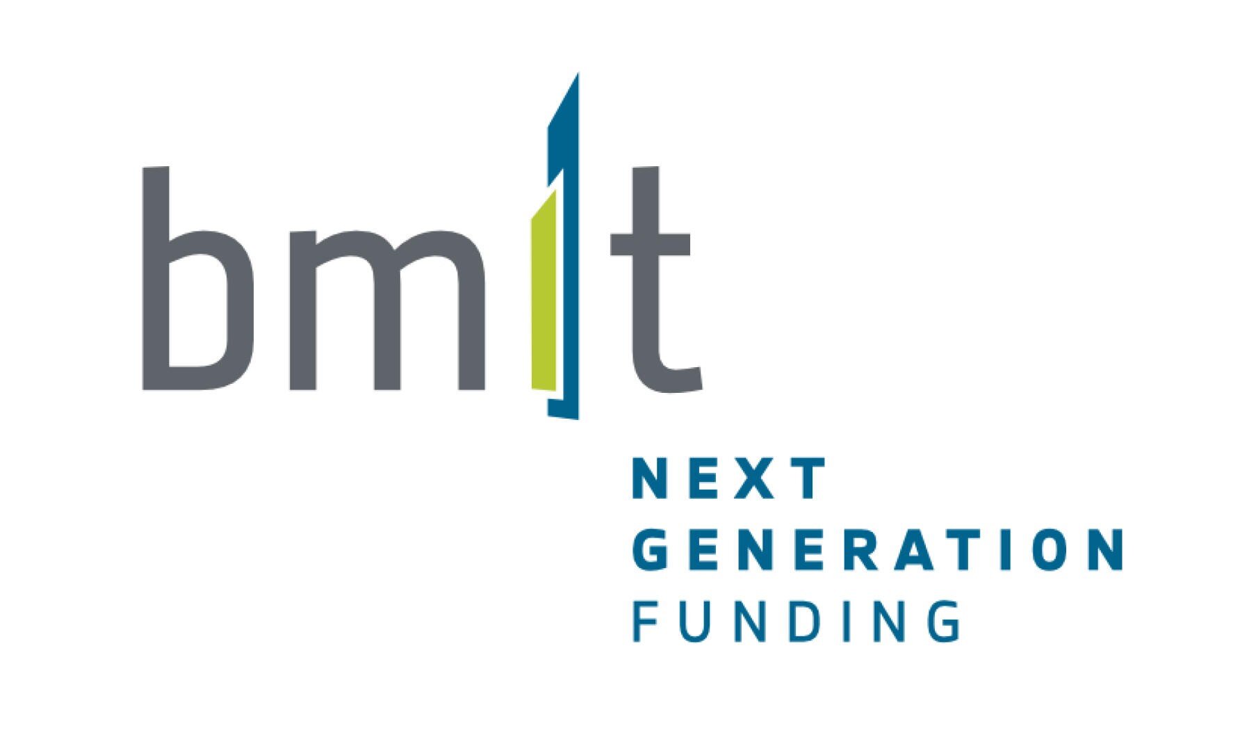 Logo für BMIT Next Generation Funding. Der Buchstabe „I“ in „bmit“ ist in Blau und Grün gehalten, und die Worte „NEXT GENERATION FUNDING“ sind rechtsbündig unter dem Logo angeordnet.