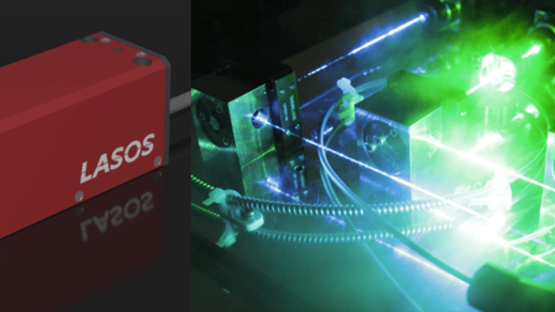 A red LASOS laser device is shown on the left, while on the right, green and blue laser beams pass through optical components and mirrors in a lab setup.