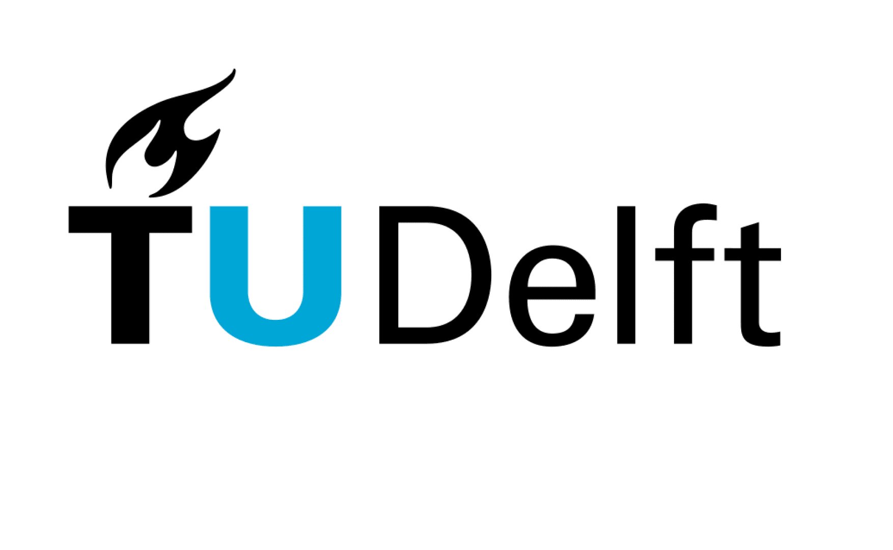 Das Logo der TU Delft zeigt eine stilisierte schwarze Flamme über dem Buchstaben T, wobei „TU“ fett gedruckt ist (das U in Blau) und „Delft“ in schwarzer Schrift auf weißem Hintergrund.