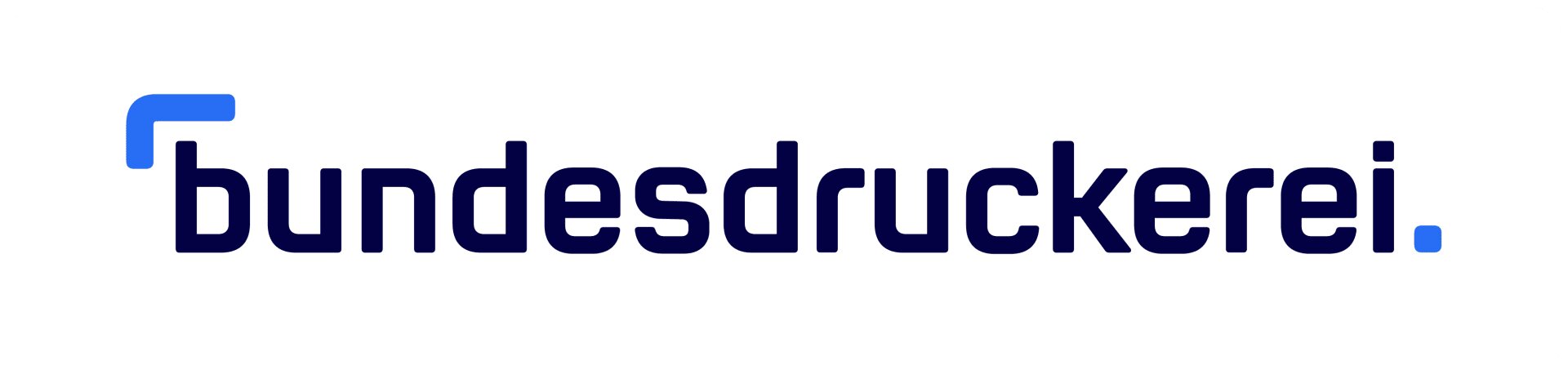 Das Bild zeigt das Wort „Bundesdruckerei“ in dunkelblauen Kleinbuchstaben, mit einer kleinen blauen Grafik über dem „b“ und einem blauen Punkt am Ende.