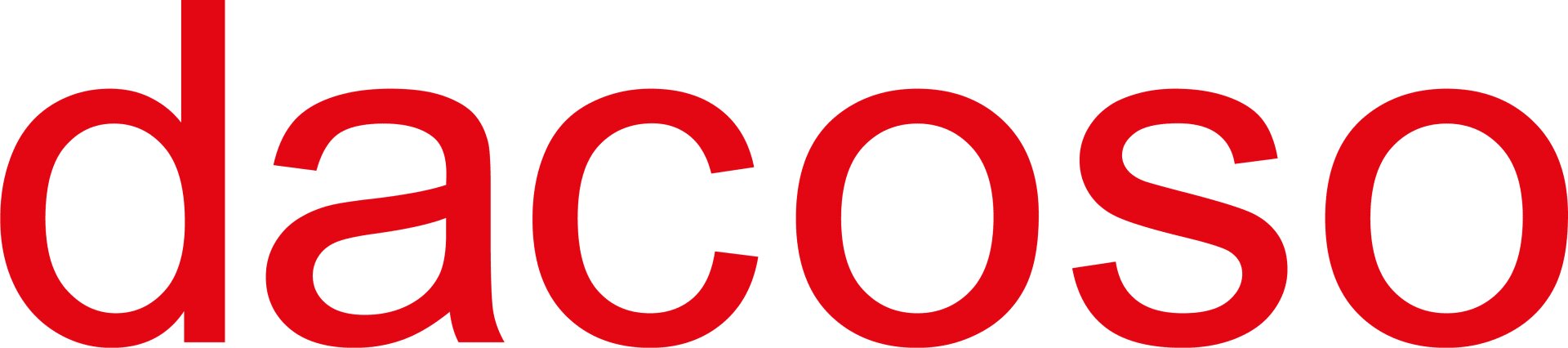 Das Bild zeigt das Wort „Dacoso“ in fetten, kleinen roten Buchstaben auf weißem Hintergrund.