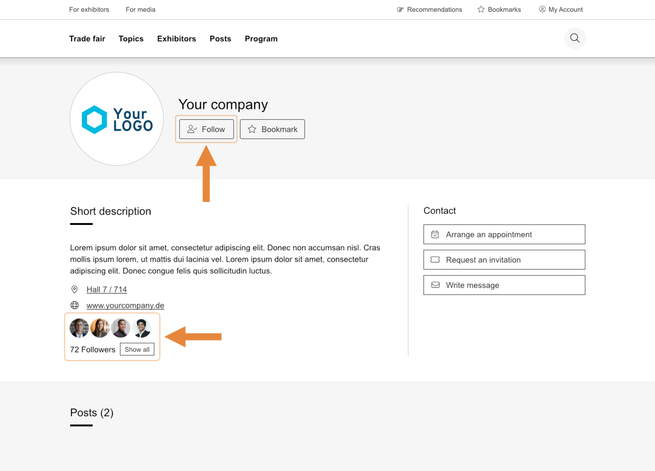 Company profile page with a logo, Follow and Favorite buttons, a short description, a website link, and a section displaying 72 followers with profile pictures. Orange arrows point to the Follow options and follower count.