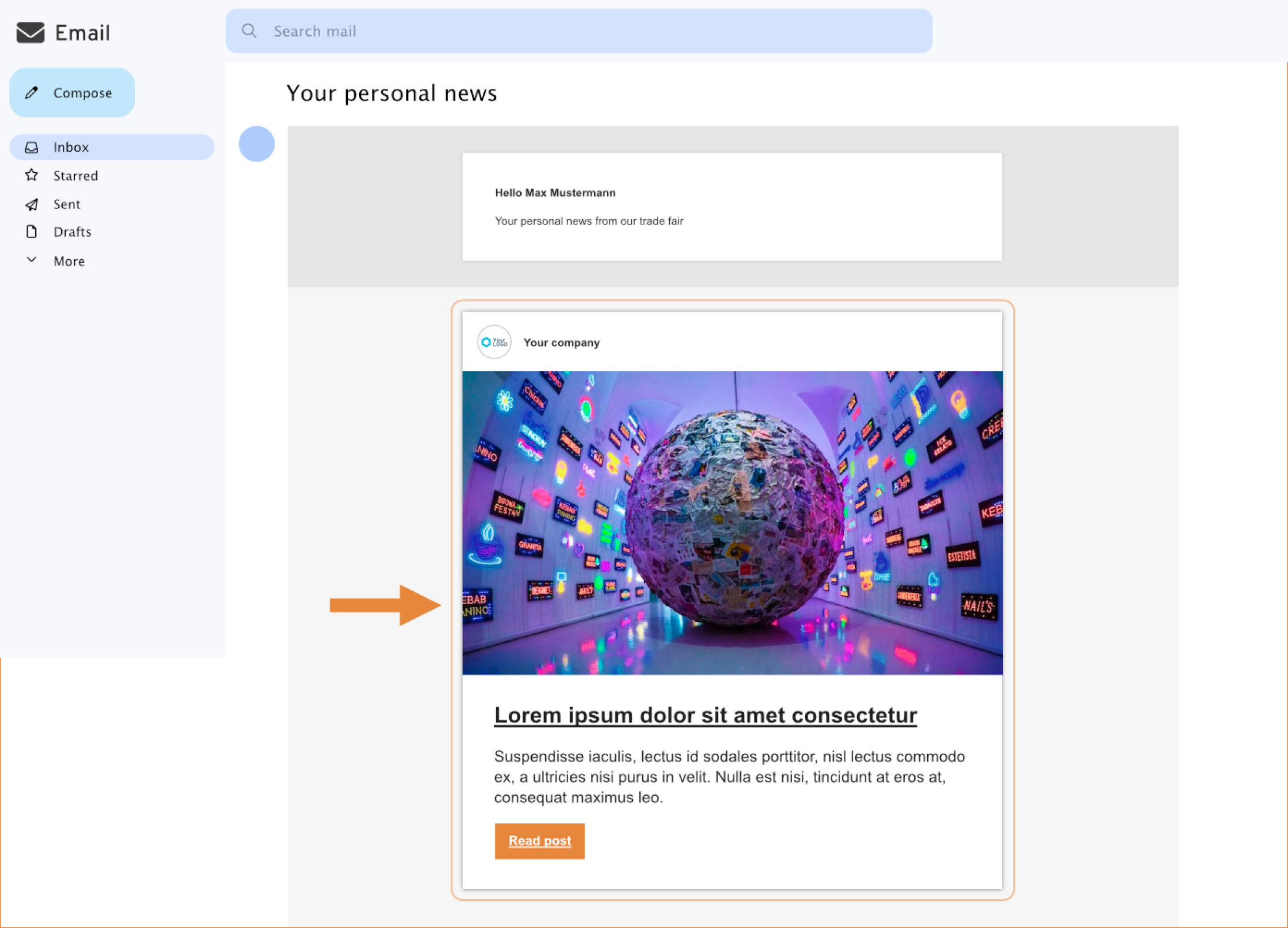 A webmail interface displays an inbox and a highlighted email, with a colorful image of a large globe covered in various stickers, in a room adorned with neon screens on the walls. An orange arrow points to the email.