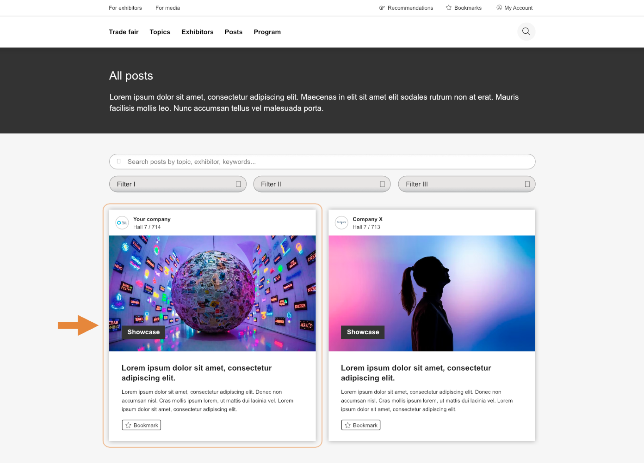 A webpage displays a list of articles, one of which is highlighted by an orange arrow. The highlighted article features a globe surrounded by colorful screens and a Showcase label. Another article, accompanied by a silhouette, appears next to it.
