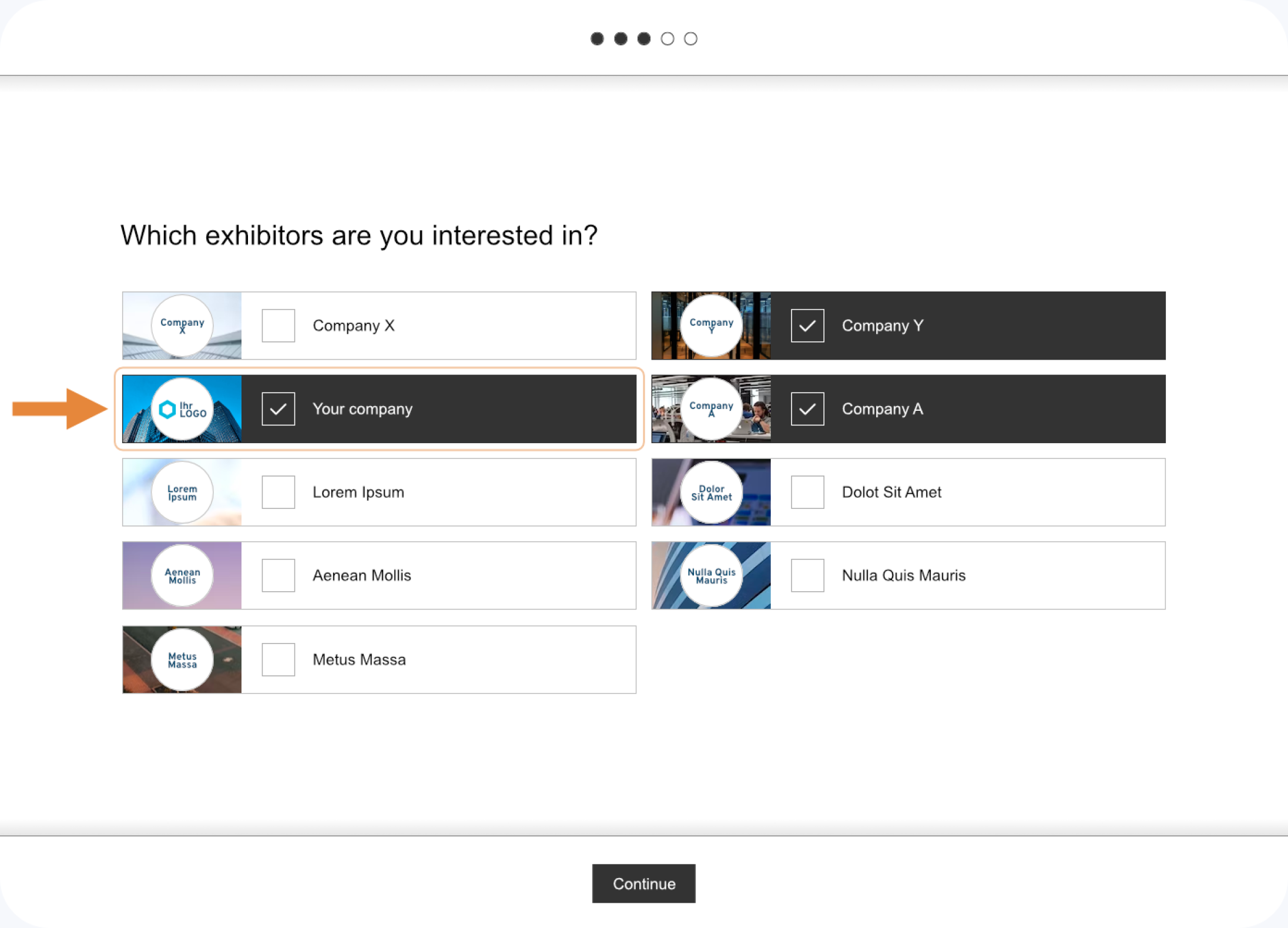 A survey screen asks, Which exhibitors are you interested in? and several companies are suggested. Your company is marked with an orange arrow, and several companies are selected with a check mark. A Continue button is below.