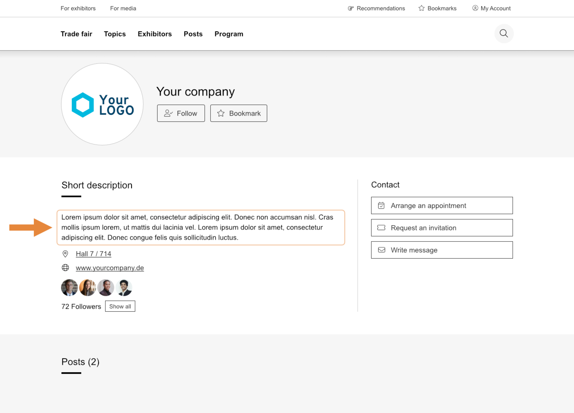 A business profile page displays a short description highlighted by an orange arrow, a logo, contact buttons, and the number of followers. The description contains placeholder text.