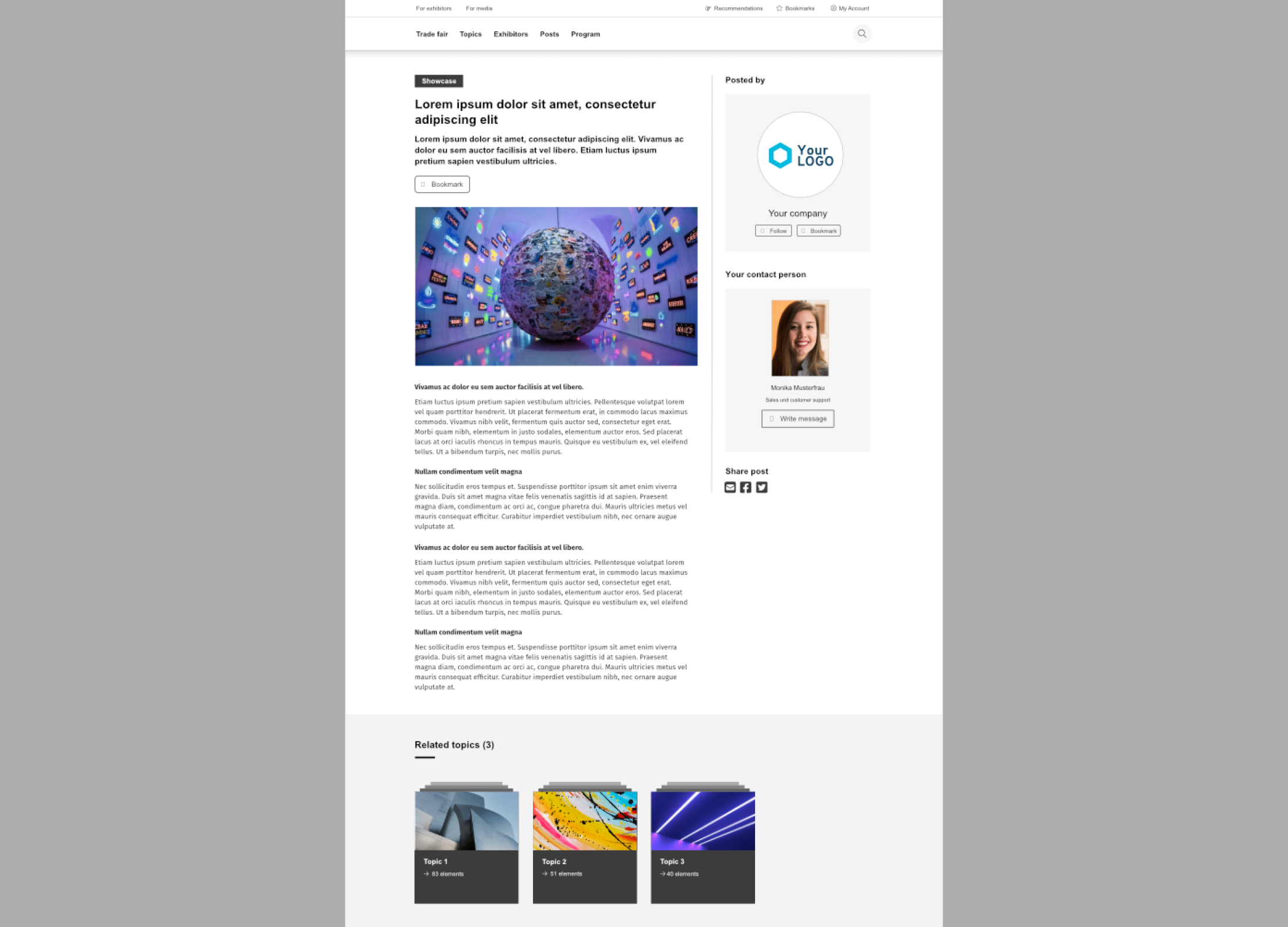 A website article page showing a main image of a digital globe surrounded by screens, with text content and a side panel featuring a company logo, a user profile, and links to related topics with thumbnail images.