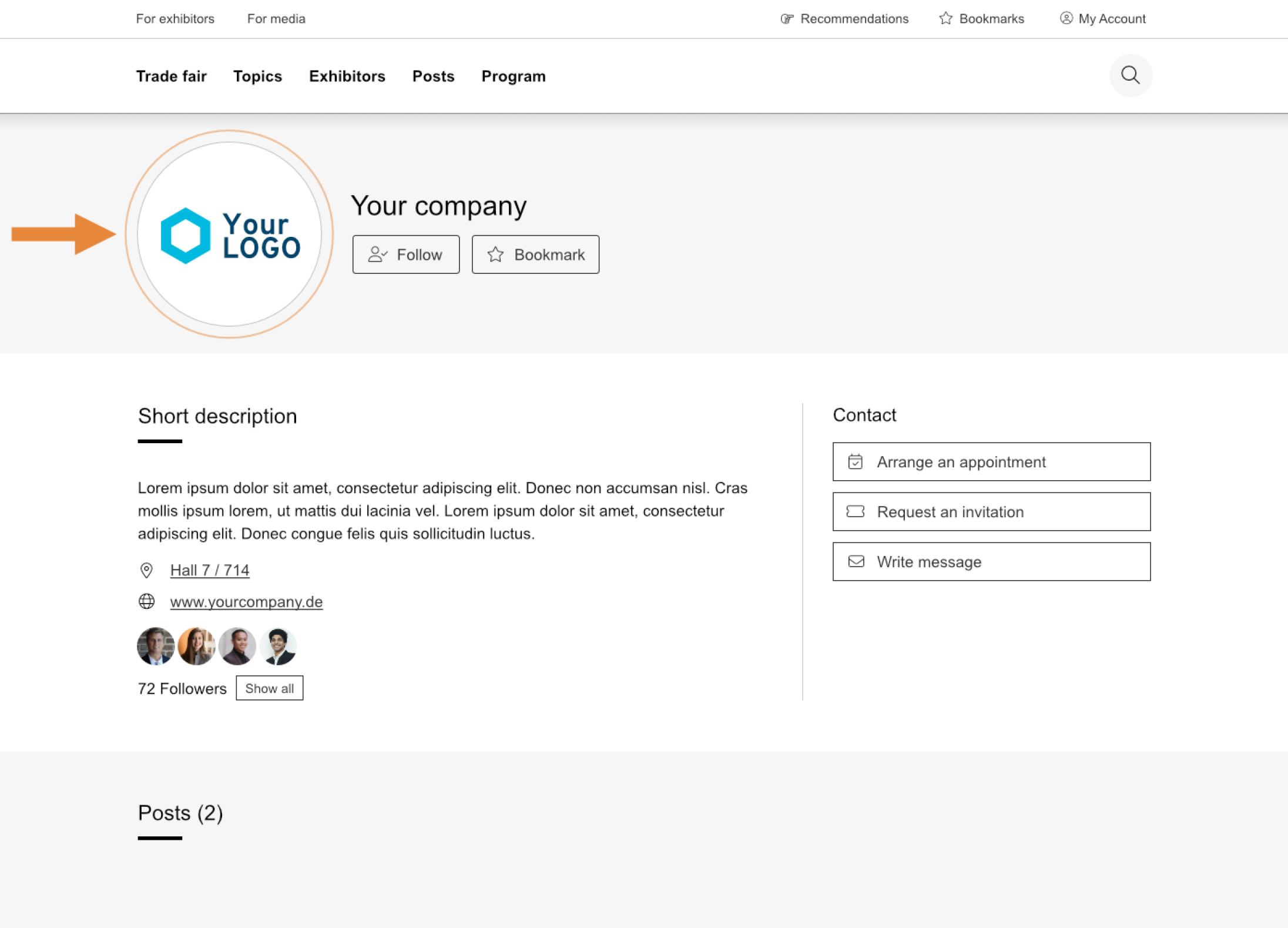 A company profile page with a circular logo on the left, the company name, and buttons to follow or add to favorites. A short description, contact options, and a list of followers and publications are available below. An orange arrow points to the logo.