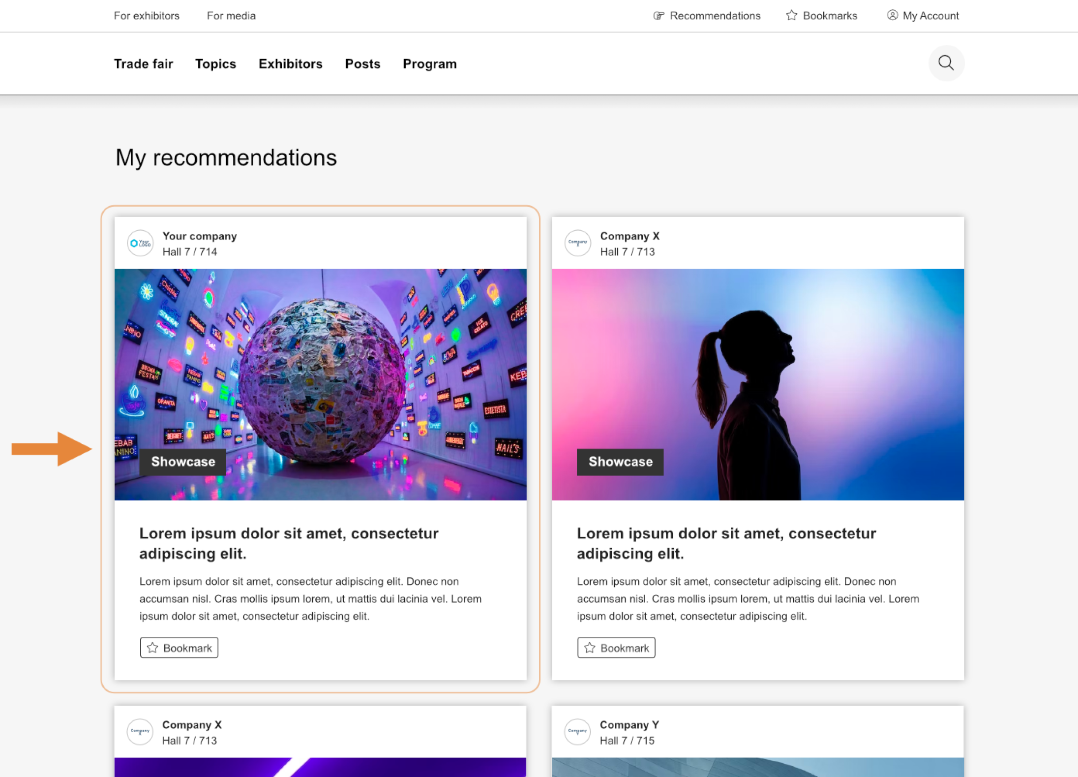 A webpage featuring recommended business cards. The card on the left depicts a large globe surrounded by digital screens, outlined with an orange border and an arrow. The card on the right shows the silhouette of a person against a colored background.