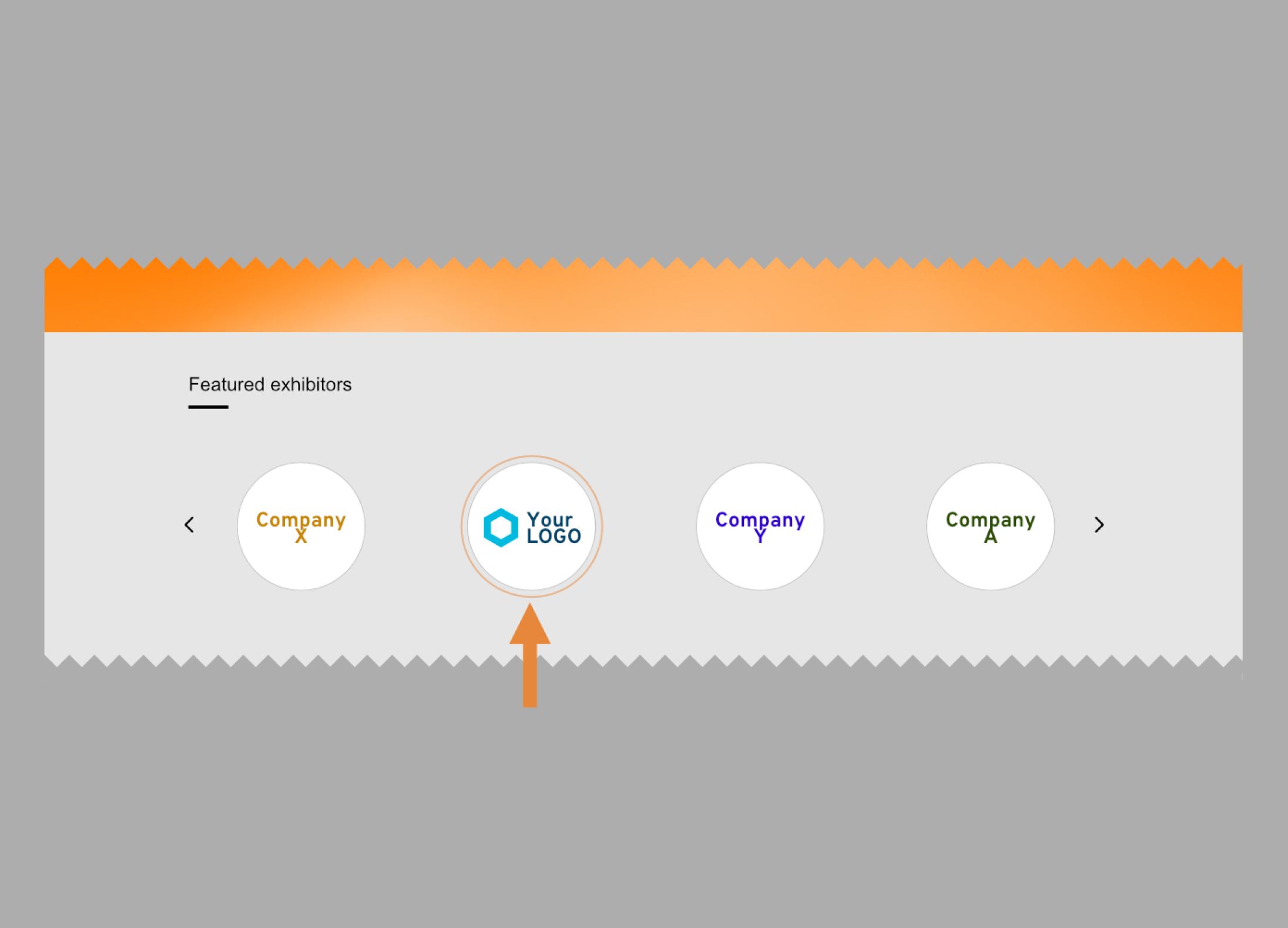 A gray and orange web carousel displays featured exhibitors with four circular logos, one highlighted by an arrow and an orange border, labeled Your Logo in blue text in the center.