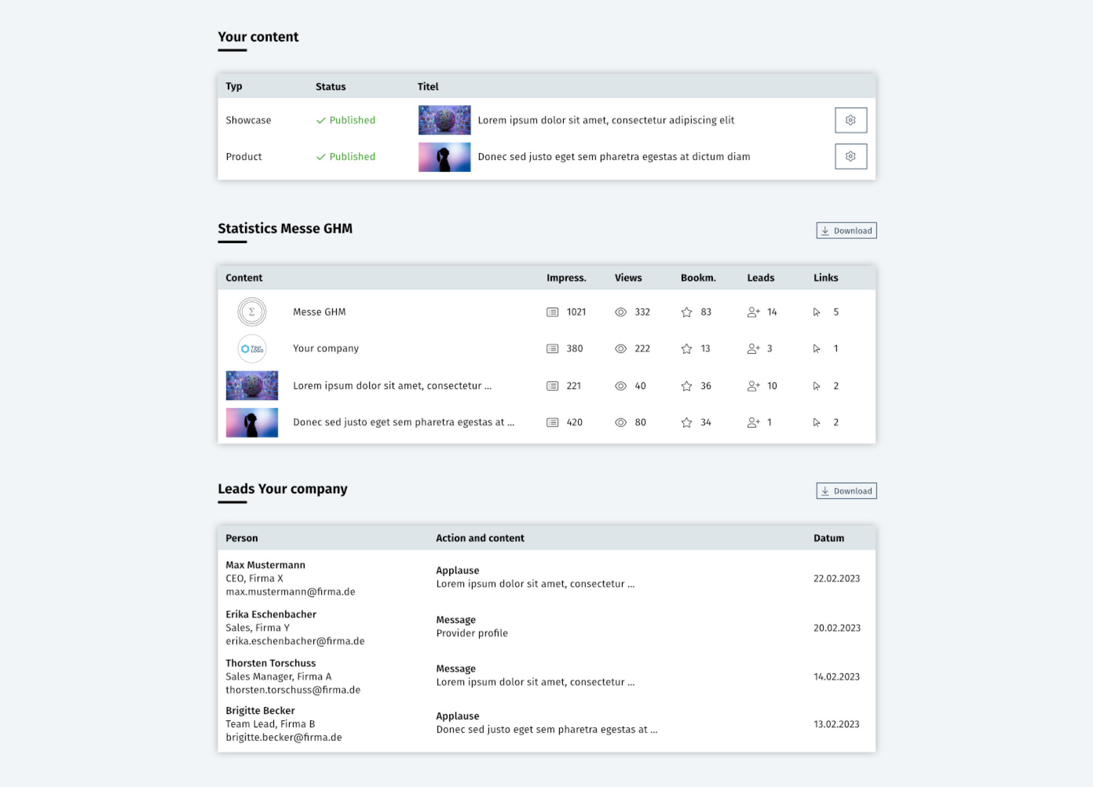 A dashboard displays published content, statistics with impressions and actions, and a leads table with contact details, actions, and dates. The interface is clean with sections for content, statistics, and company leads.