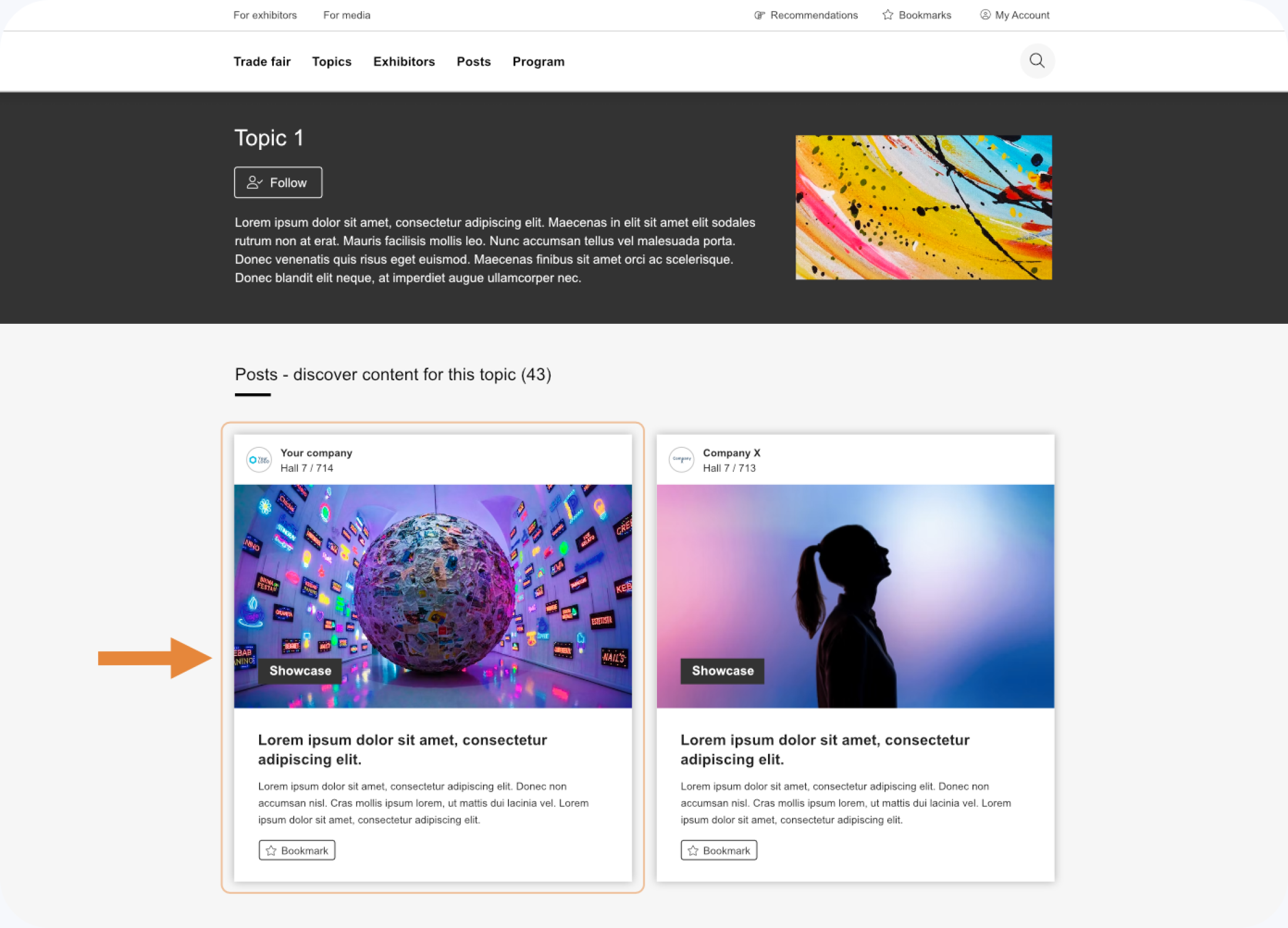 A webpage presents articles on topic 1, with two featured cards below. The card on the left is highlighted by an orange arrow and contains an image of a large digital globe surrounded by colorful screens.