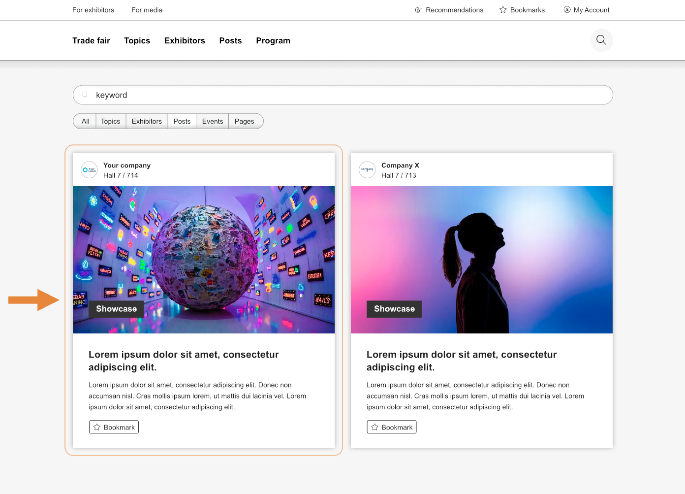 A webpage displays two exhibitor cards side by side. The card on the left, highlighted by an orange arrow, shows a colorful globe surrounded by screens and a Showcase button. The card on the right features the silhouette of a woman in a purple light.