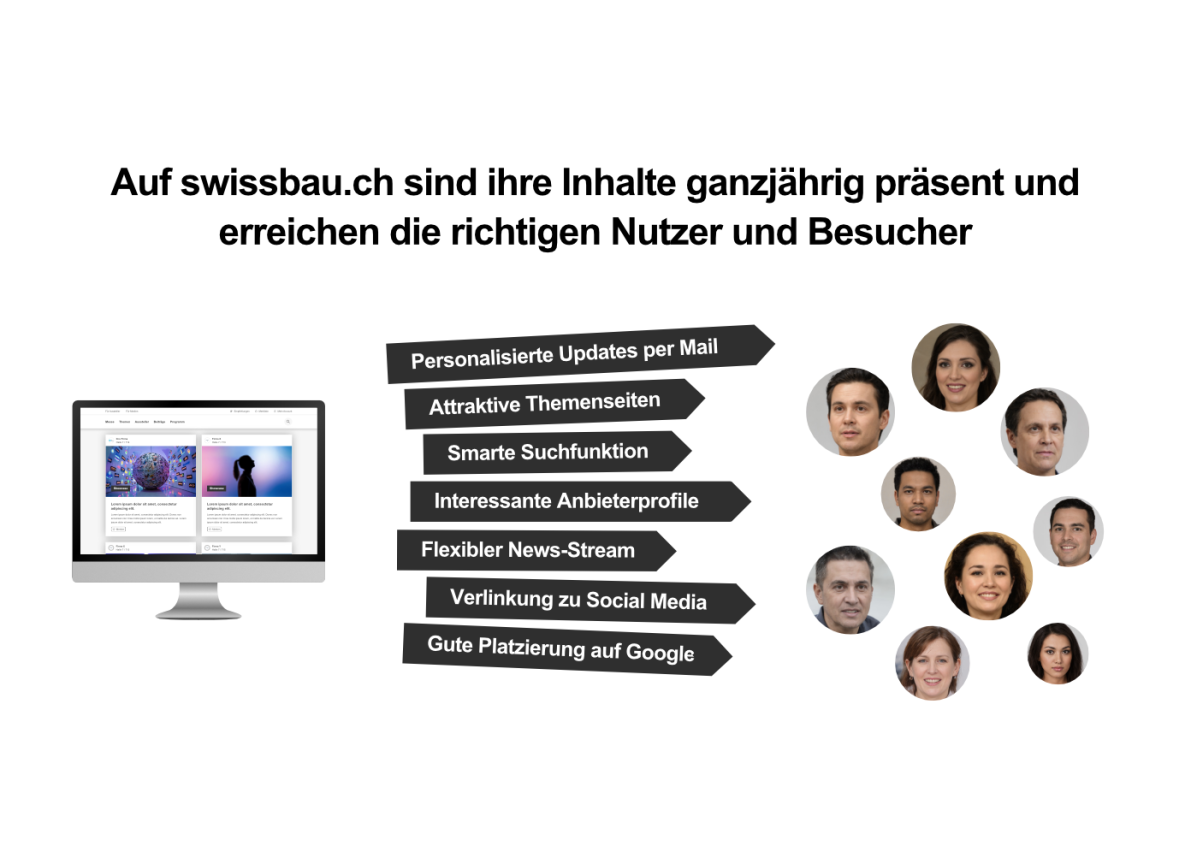 Auf einem Computerbildschirm wird eine Website angezeigt. Rechts daneben listen Pfeile Funktionen wie personalisierte Updates, intelligente Suche und Newsstream auf. Mehrere Porträtfotos von Männern und Frauen sind in zwei Gruppen angeordnet. Deutscher Text steht über allen Elementen.